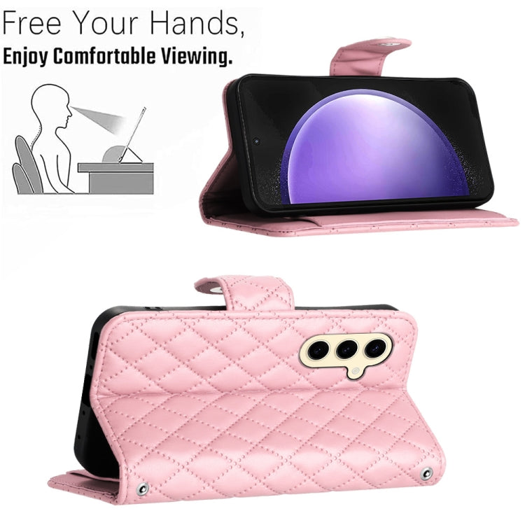 For Samsung Galaxy S24 5G Rhombic Texture Flip Leather Phone Case with Lanyard(Pink)