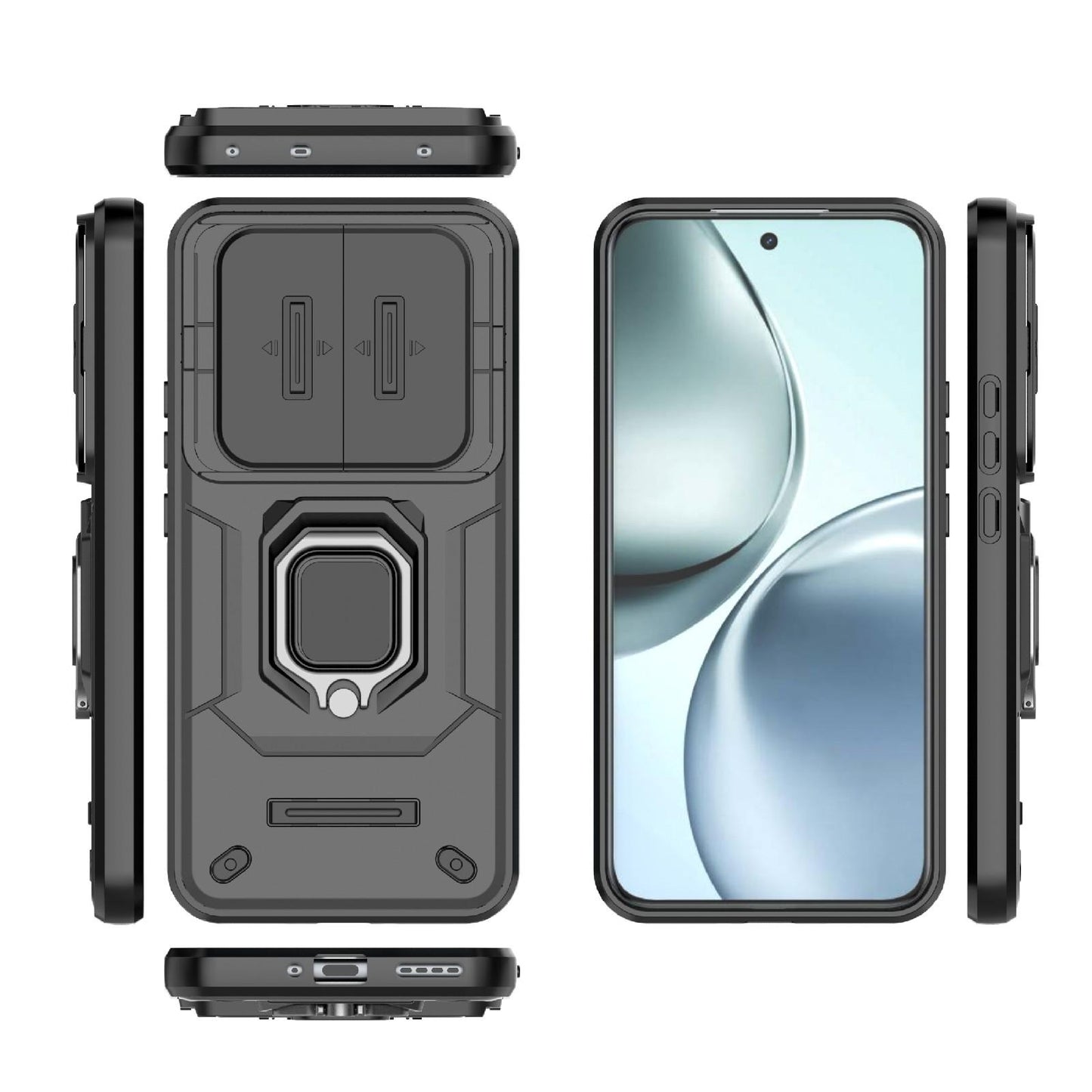 For Realme 14 Pro+ 5G Sliding Camshield TPU + PC Shockproof Phone Case with Holder(Black)