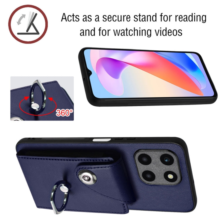 For Honor X6a Organ Card Bag Ring Holder Phone Case with Long Lanyard(Blue)