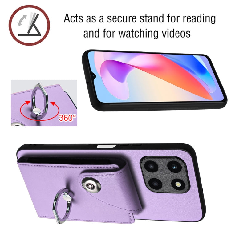 For Honor X6a Organ Card Bag Ring Holder Phone Case with Long Lanyard(Purple)