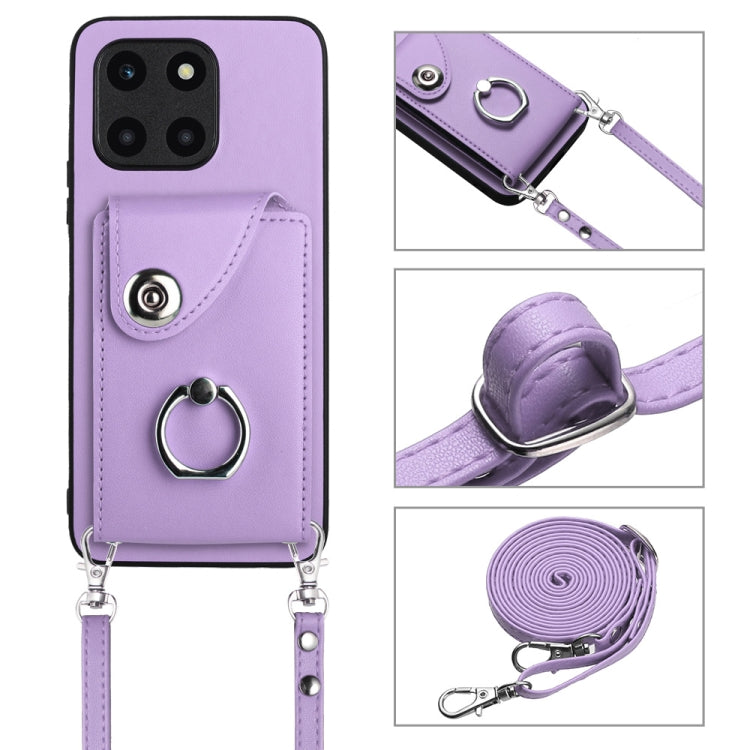 For Honor X6a Organ Card Bag Ring Holder Phone Case with Long Lanyard(Purple)