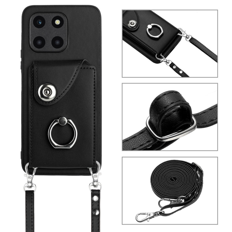 For Honor X6a Organ Card Bag Ring Holder Phone Case with Long Lanyard(Black)