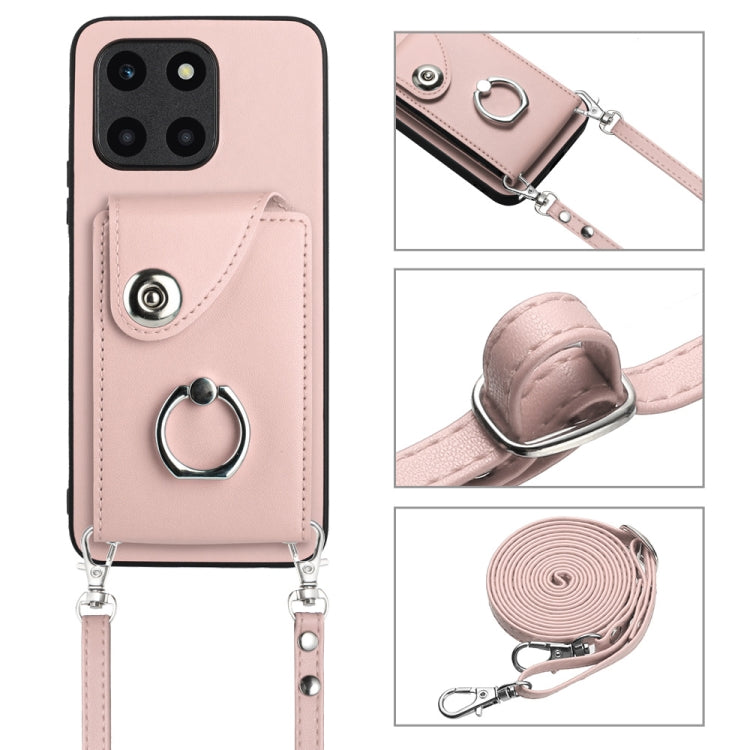 For Honor X6a Organ Card Bag Ring Holder Phone Case with Long Lanyard(Pink)