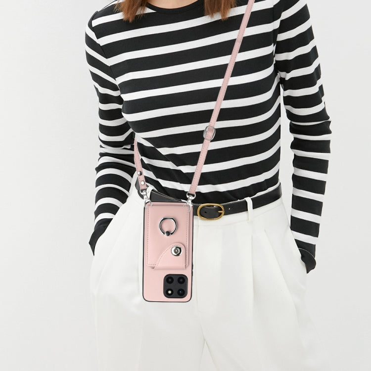 For Honor X6a Organ Card Bag Ring Holder Phone Case with Long Lanyard(Pink)
