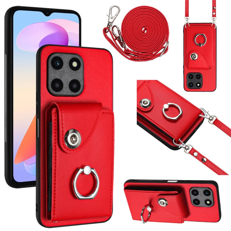 For Honor X6a Organ Card Bag Ring Holder Phone Case with Long Lanyard(Red)