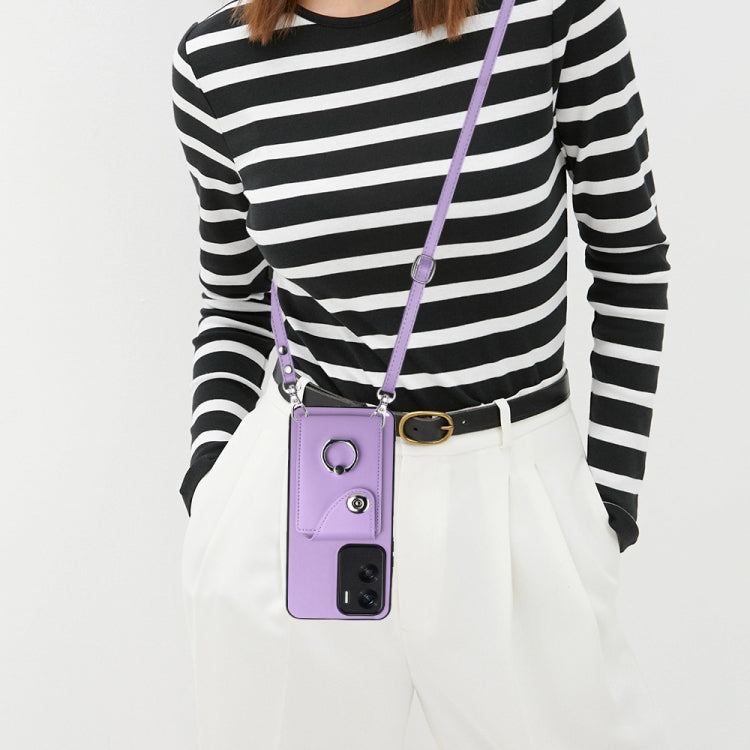For Honor X50i / 90 Lite Organ Card Bag Ring Holder Phone Case with Long Lanyard(Purple)
