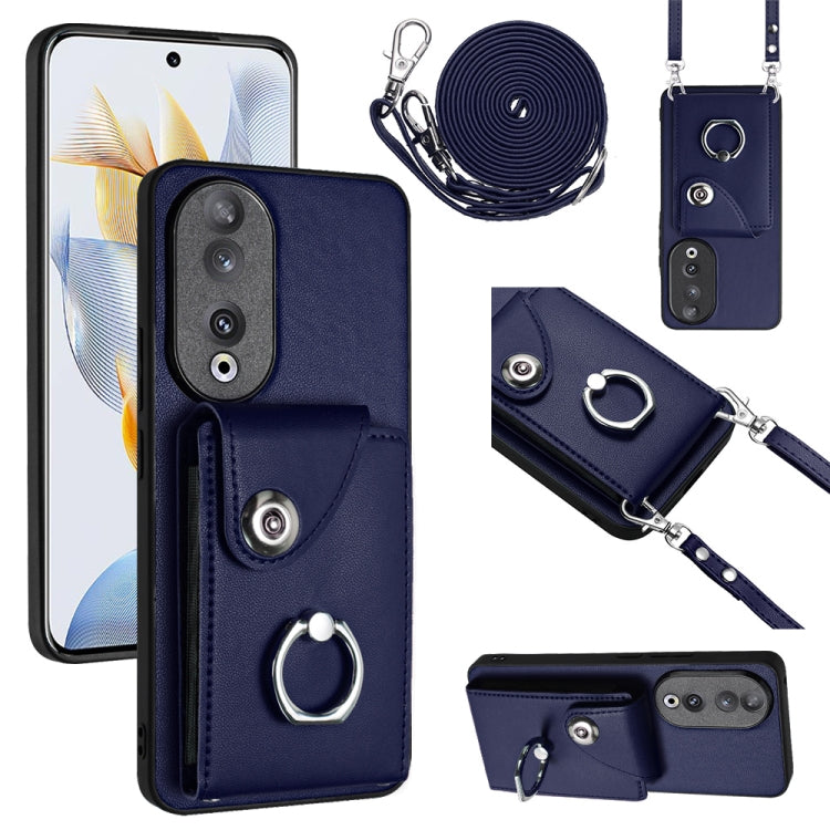For Honor 90 Organ Card Bag Ring Holder Phone Case with Long Lanyard(Blue)
