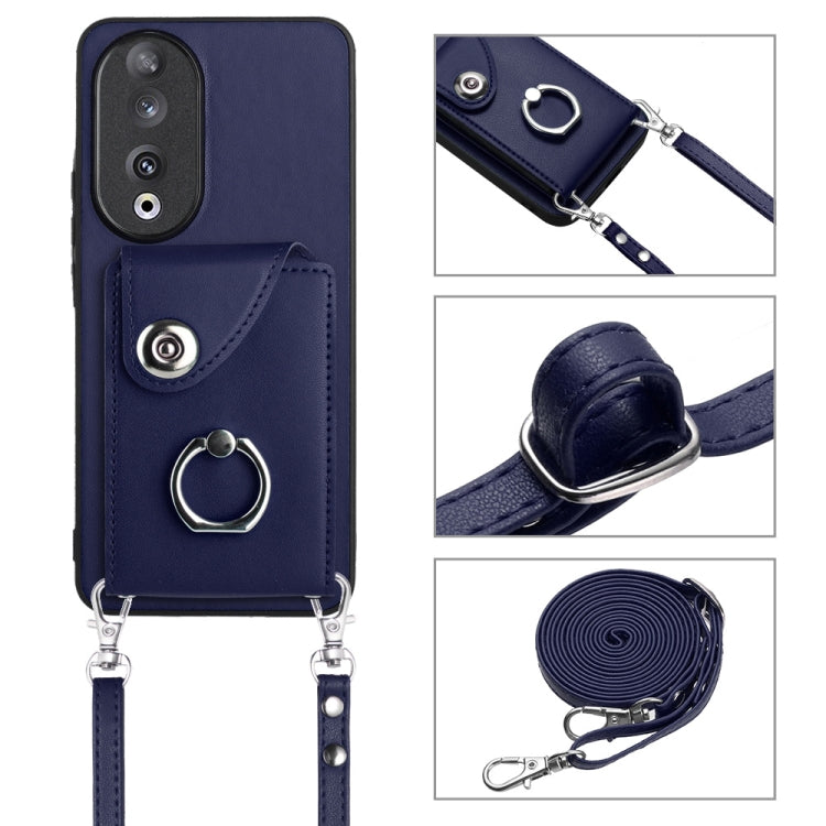For Honor 90 Organ Card Bag Ring Holder Phone Case with Long Lanyard(Blue)