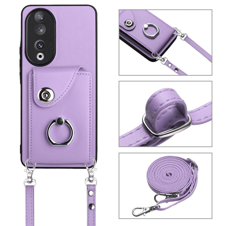 For Honor 90 Organ Card Bag Ring Holder Phone Case with Long Lanyard(Purple)