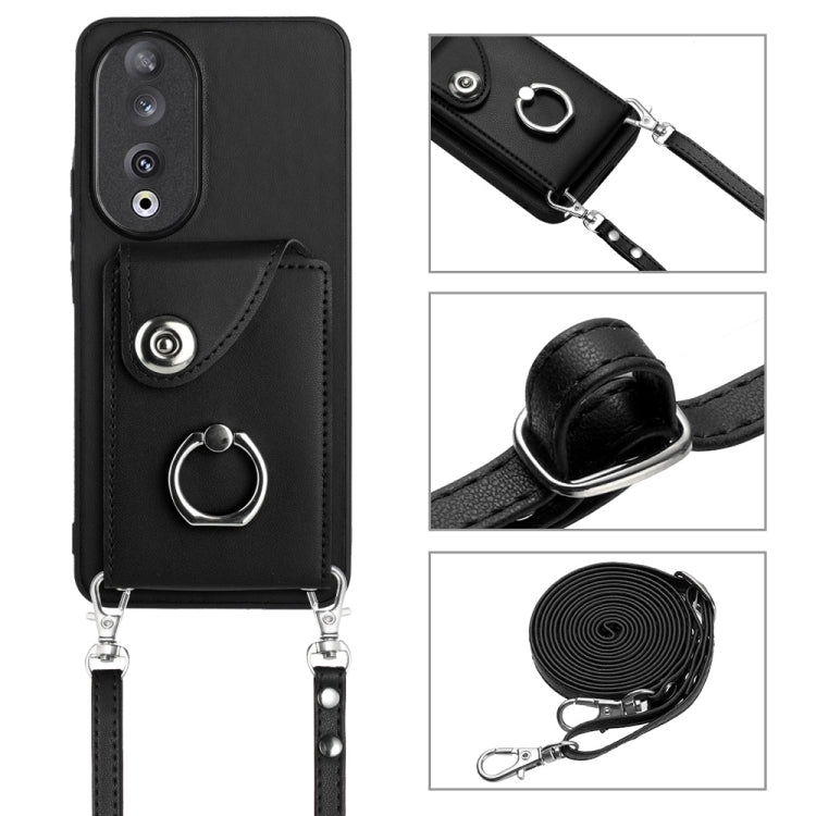 For Honor 90 Organ Card Bag Ring Holder Phone Case with Long Lanyard(Black)