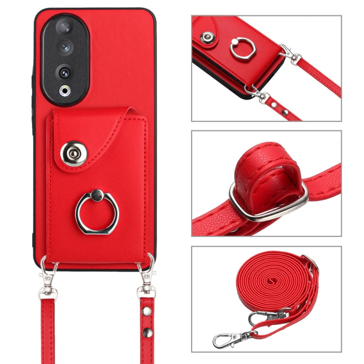 For Honor 90 Organ Card Bag Ring Holder Phone Case with Long Lanyard(Red)