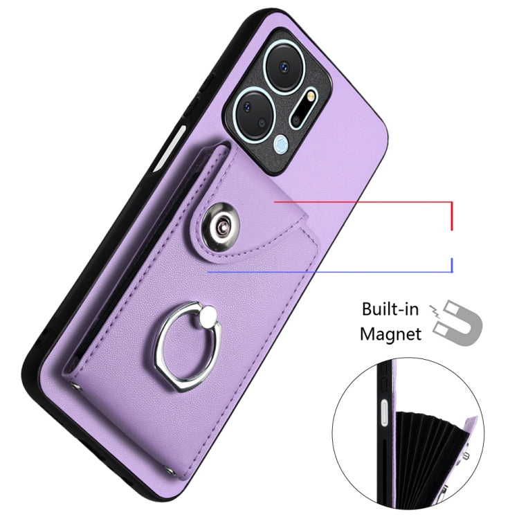For Honor X7a / Play7T Organ Card Bag Ring Holder Phone Case with Long Lanyard(Purple)