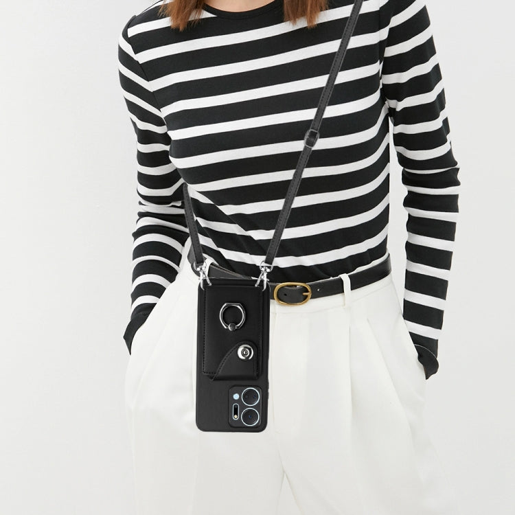 For Honor X7a / Play7T Organ Card Bag Ring Holder Phone Case with Long Lanyard(Black)