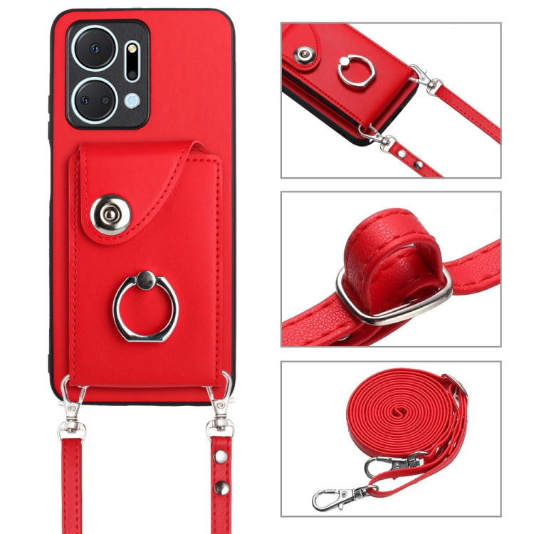For Honor X7a / Play7T Organ Card Bag Ring Holder Phone Case with Long Lanyard(Red)