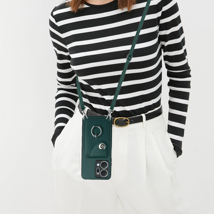 For Honor X7a / Play7T Organ Card Bag Ring Holder Phone Case with Long Lanyard(Green)