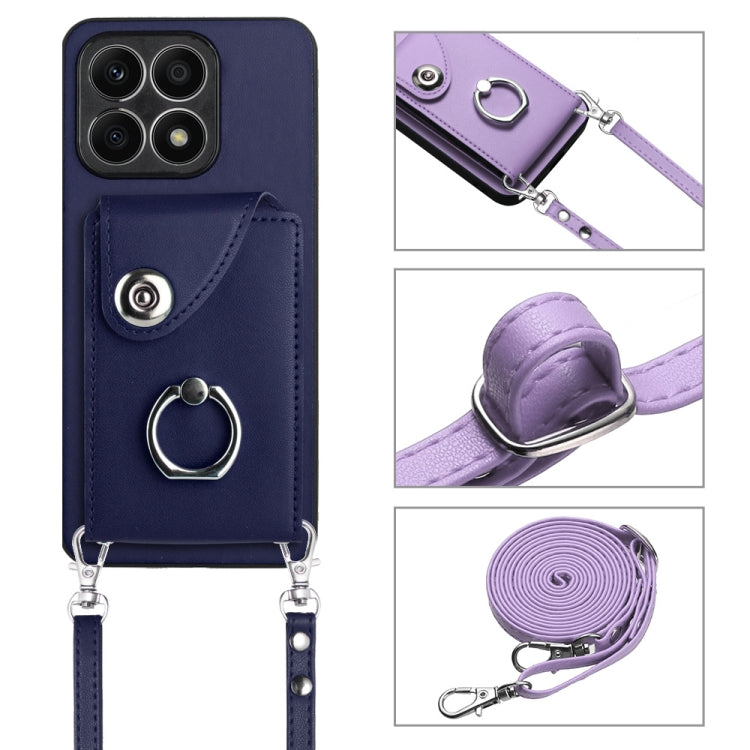 For Honor X8a Organ Card Bag Ring Holder Phone Case with Long Lanyard(Blue)