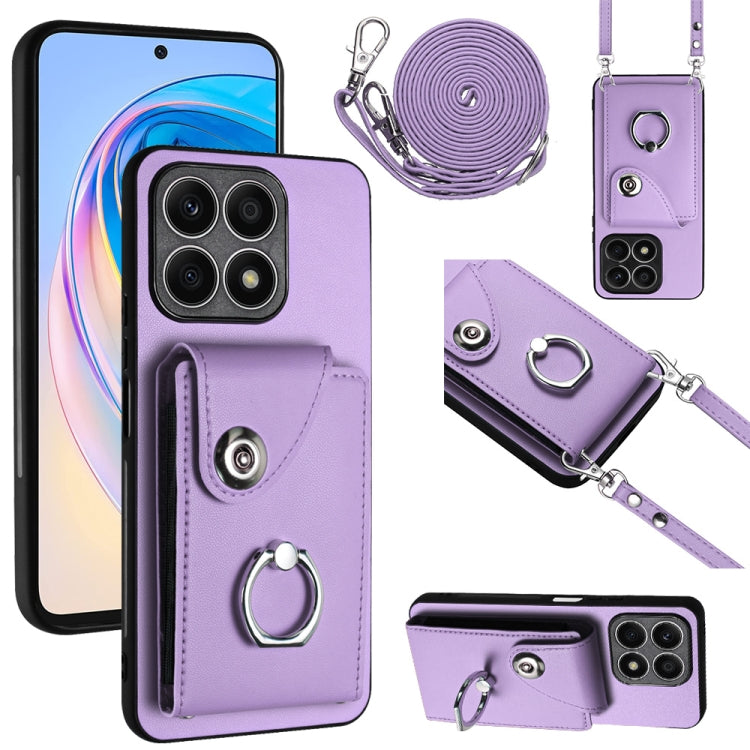 For Honor X8a Organ Card Bag Ring Holder Phone Case with Long Lanyard(Purple)
