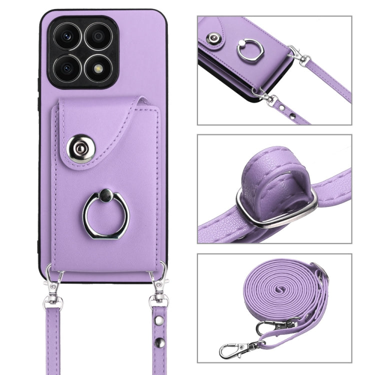 For Honor X8a Organ Card Bag Ring Holder Phone Case with Long Lanyard(Purple)