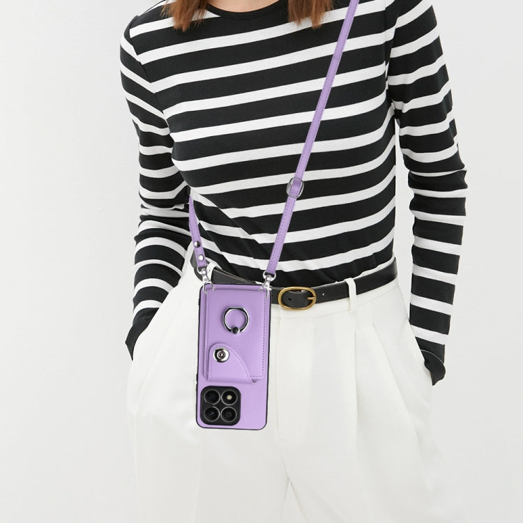 For Honor X8a Organ Card Bag Ring Holder Phone Case with Long Lanyard(Purple)