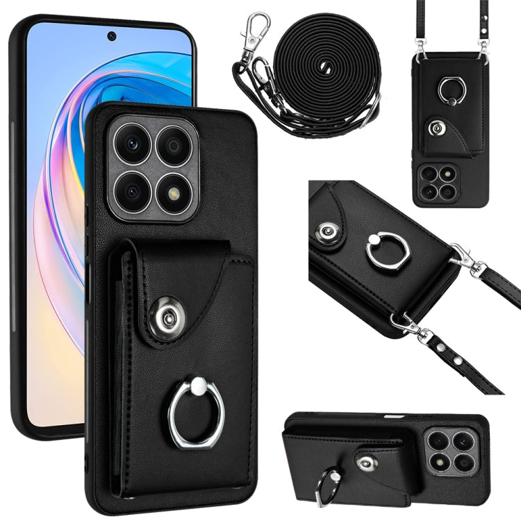 For Honor X8a Organ Card Bag Ring Holder Phone Case with Long Lanyard(Black)