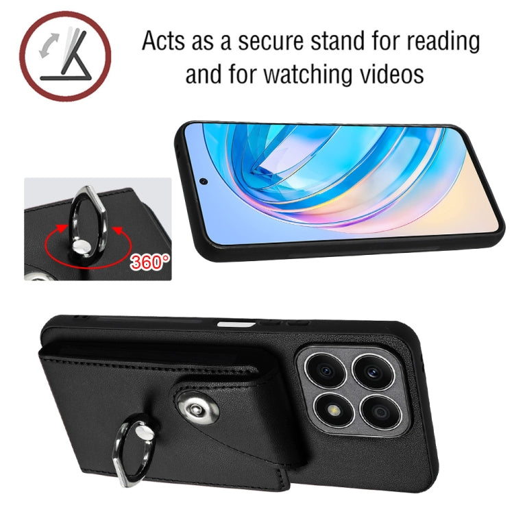 For Honor X8a Organ Card Bag Ring Holder Phone Case with Long Lanyard(Black)