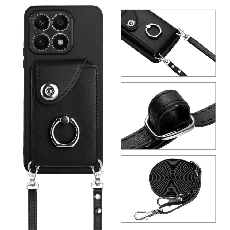 For Honor X8a Organ Card Bag Ring Holder Phone Case with Long Lanyard(Black)