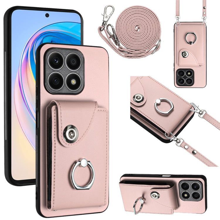 For Honor X8a Organ Card Bag Ring Holder Phone Case with Long Lanyard(Pink)