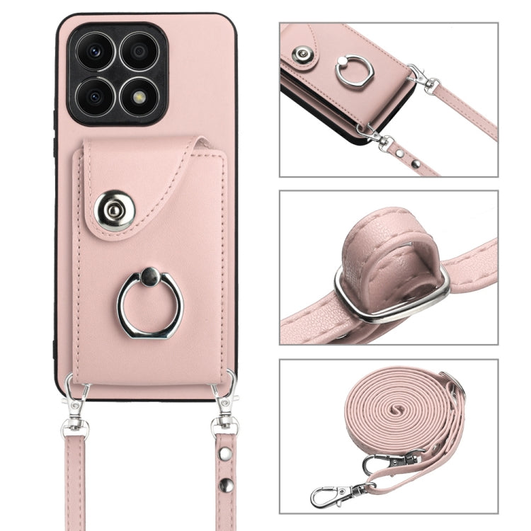For Honor X8a Organ Card Bag Ring Holder Phone Case with Long Lanyard(Pink)