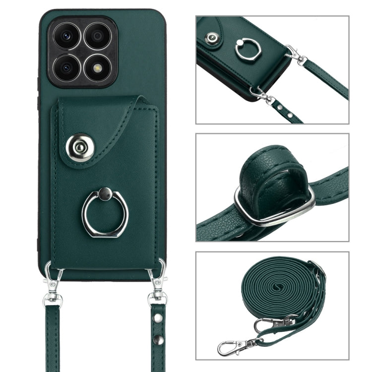 For Honor X8a Organ Card Bag Ring Holder Phone Case with Long Lanyard(Green)