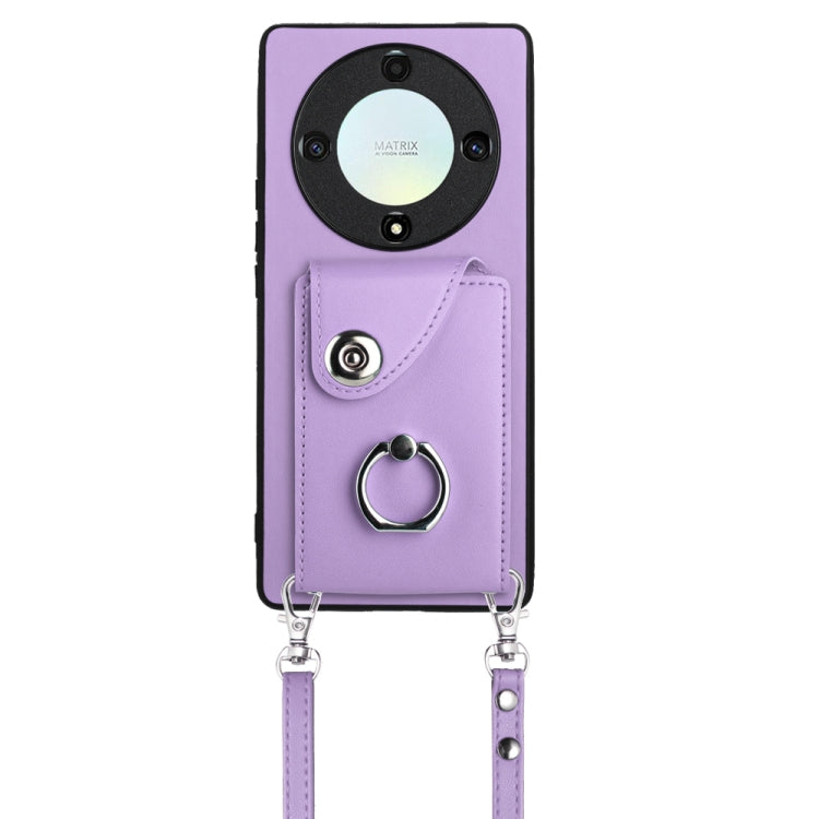 For Honor X9a / Magic5 Lite Organ Card Bag Ring Holder Phone Case with Long Lanyard(Purple)