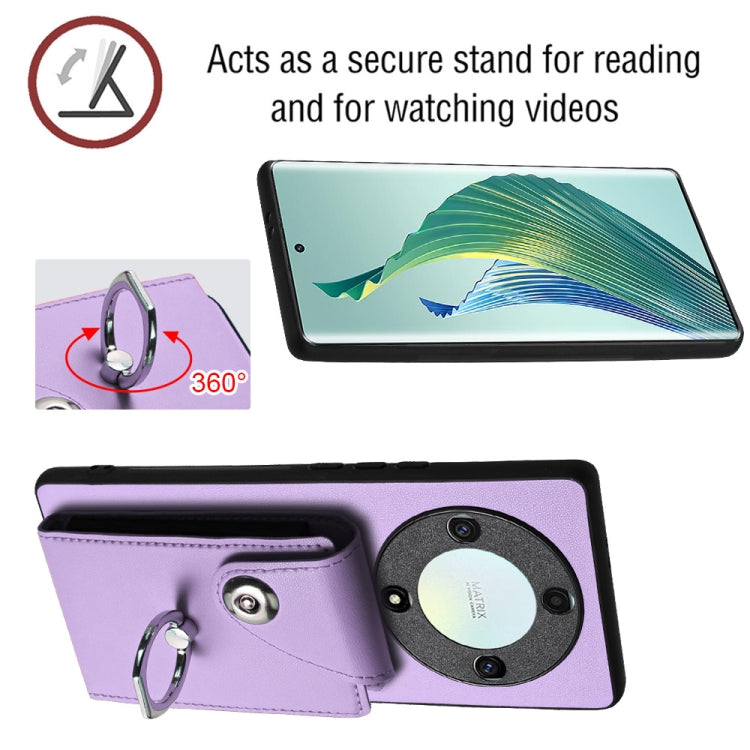 For Honor X9a / Magic5 Lite Organ Card Bag Ring Holder Phone Case with Long Lanyard(Purple)