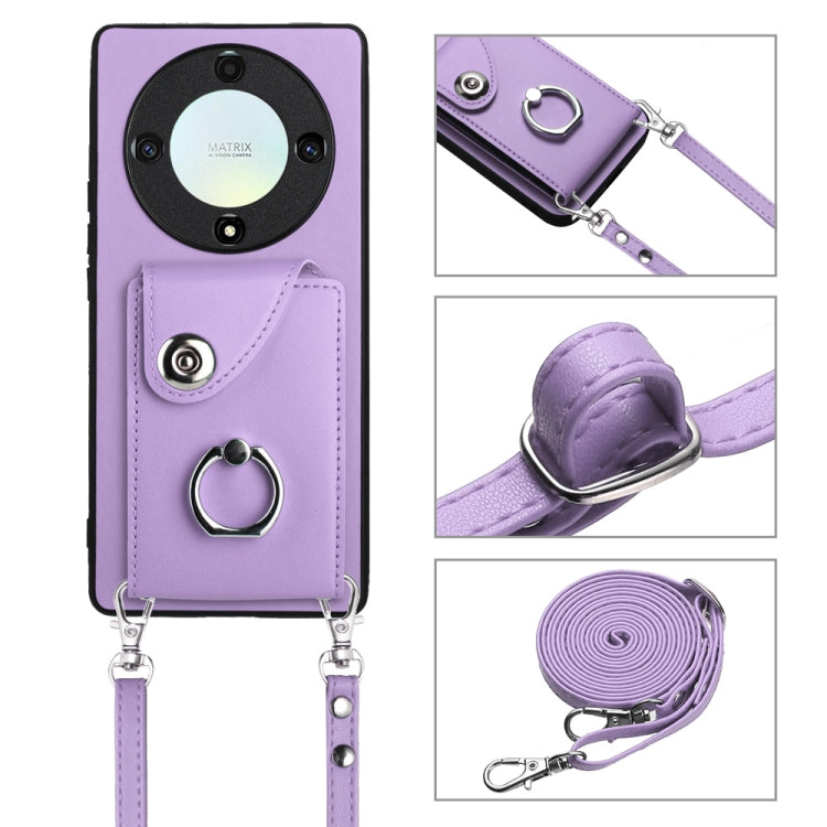 For Honor X9a / Magic5 Lite Organ Card Bag Ring Holder Phone Case with Long Lanyard(Purple)
