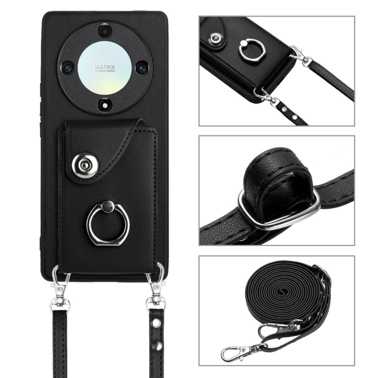 For Honor X9a / Magic5 Lite Organ Card Bag Ring Holder Phone Case with Long Lanyard(Black)