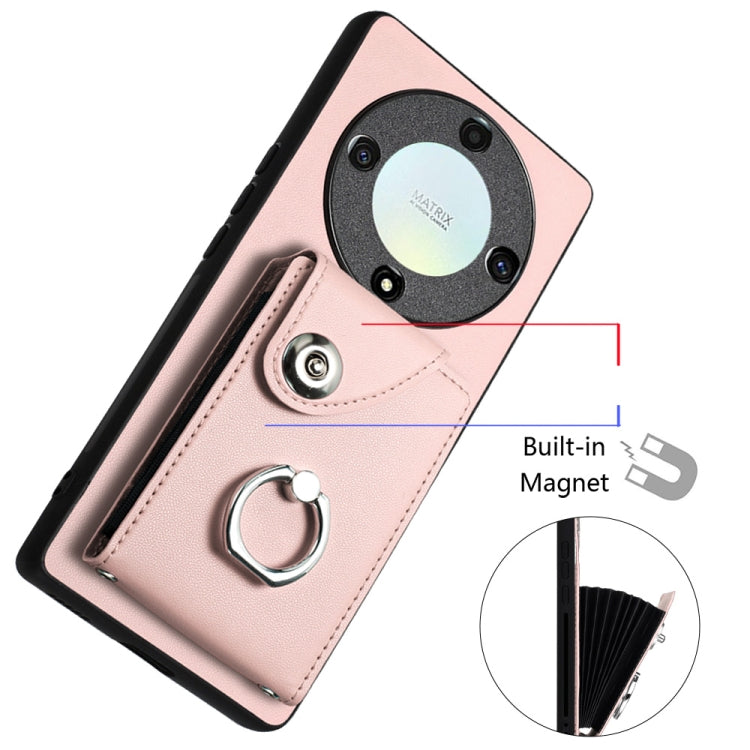 For Honor X9a / Magic5 Lite Organ Card Bag Ring Holder Phone Case with Long Lanyard(Pink)
