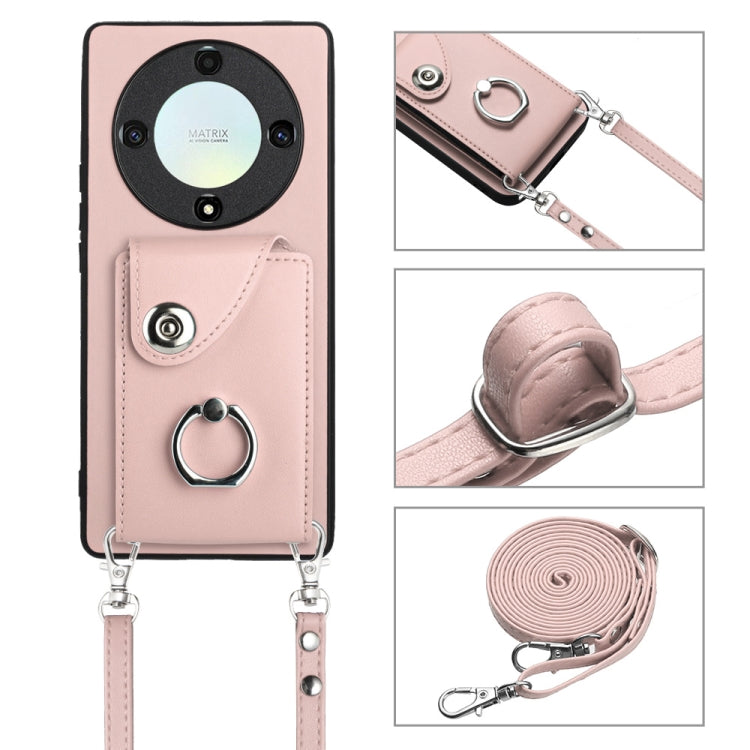For Honor X9a / Magic5 Lite Organ Card Bag Ring Holder Phone Case with Long Lanyard(Pink)