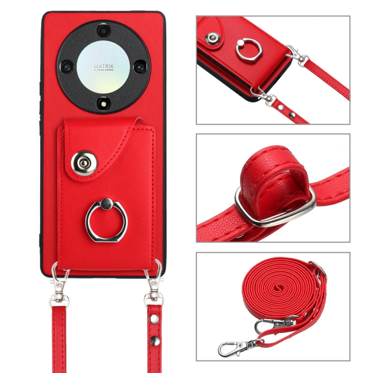 For Honor X9a / Magic5 Lite Organ Card Bag Ring Holder Phone Case with Long Lanyard(Red)