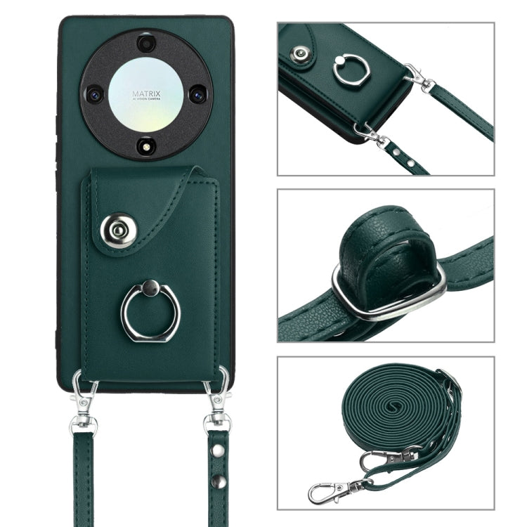 For Honor X9a / Magic5 Lite Organ Card Bag Ring Holder Phone Case with Long Lanyard(Green)