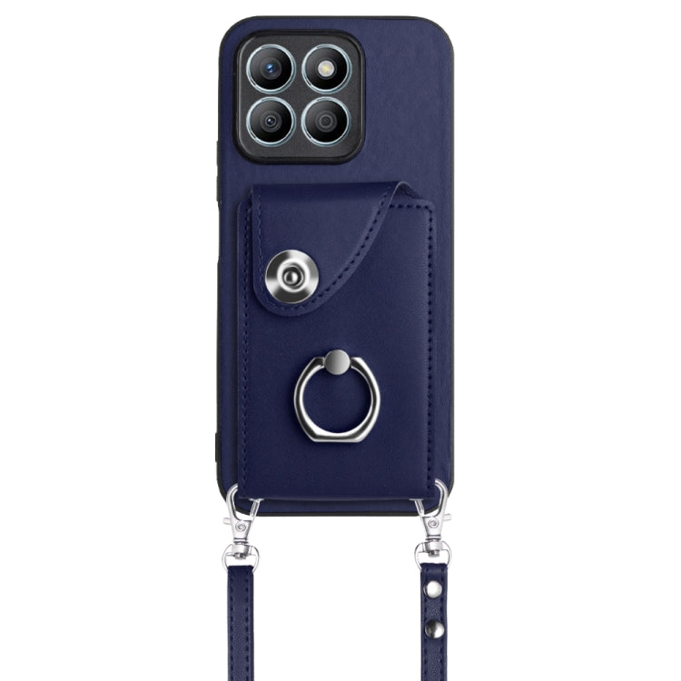 For Honor X8b 4G Organ Card Bag Ring Holder Phone Case with Long Lanyard(Blue)