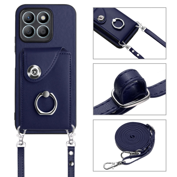 For Honor X8b 4G Organ Card Bag Ring Holder Phone Case with Long Lanyard(Blue)