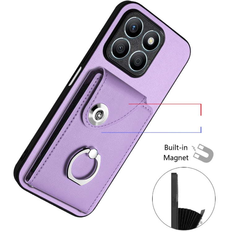 For Honor X8b 4G Organ Card Bag Ring Holder Phone Case with Long Lanyard(Purple)
