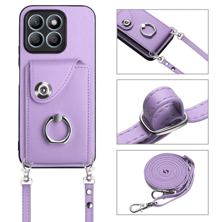 For Honor X8b 4G Organ Card Bag Ring Holder Phone Case with Long Lanyard(Purple)