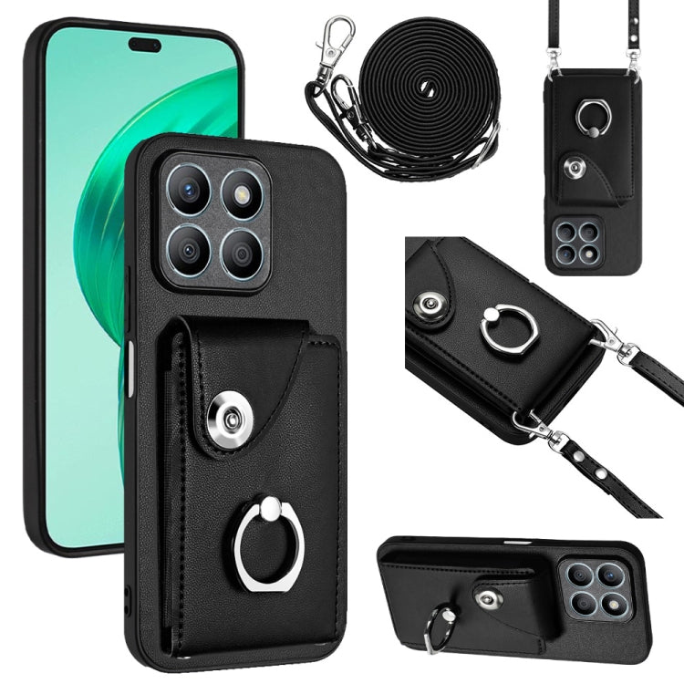 For Honor X8b 4G Organ Card Bag Ring Holder Phone Case with Long Lanyard(Black)