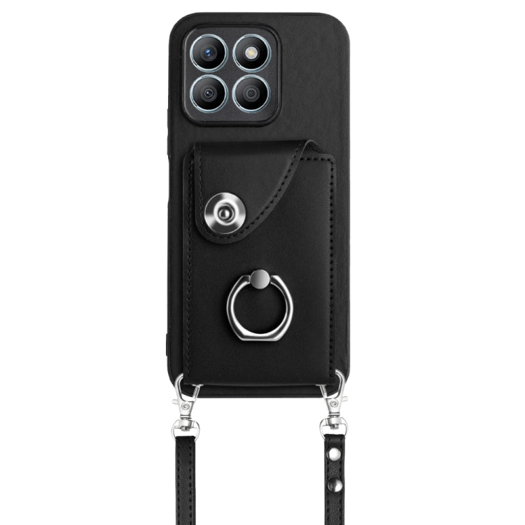 For Honor X8b 4G Organ Card Bag Ring Holder Phone Case with Long Lanyard(Black)