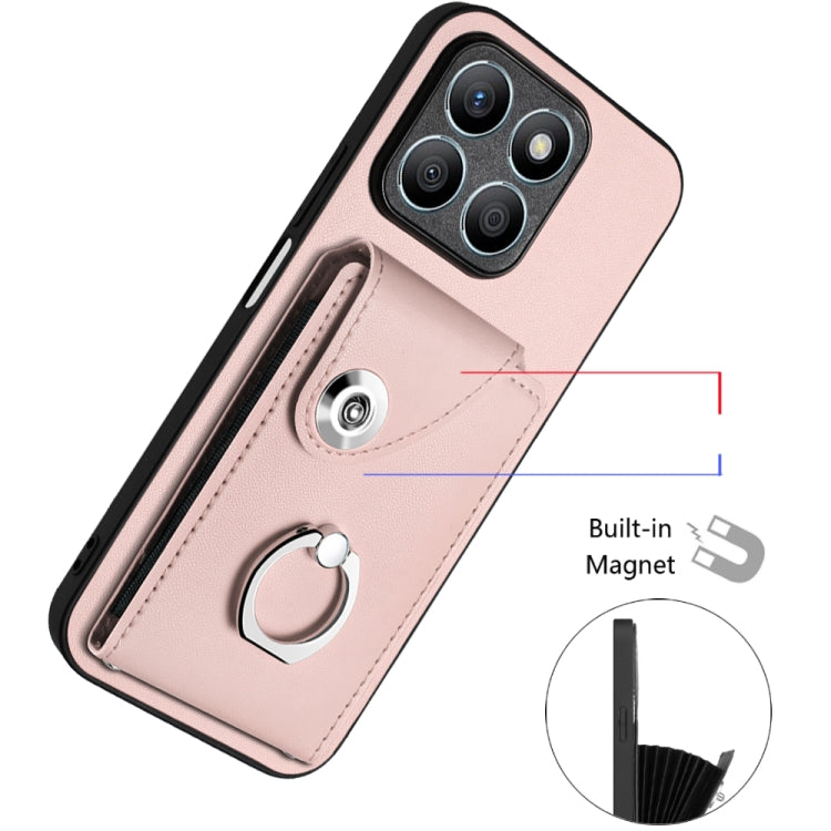 For Honor X8b 4G Organ Card Bag Ring Holder Phone Case with Long Lanyard(Pink)