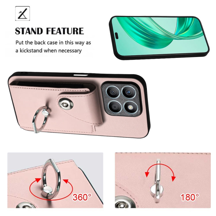 For Honor X8b 4G Organ Card Bag Ring Holder Phone Case with Long Lanyard(Pink)