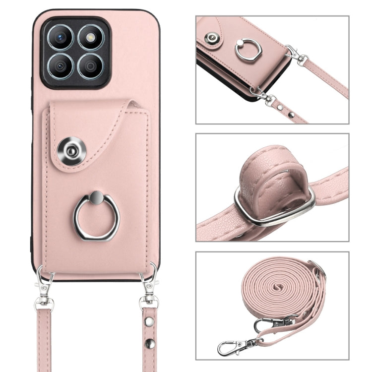 For Honor X8b 4G Organ Card Bag Ring Holder Phone Case with Long Lanyard(Pink)