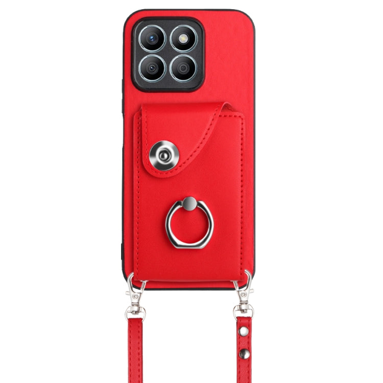 For Honor X8b 4G Organ Card Bag Ring Holder Phone Case with Long Lanyard(Red)