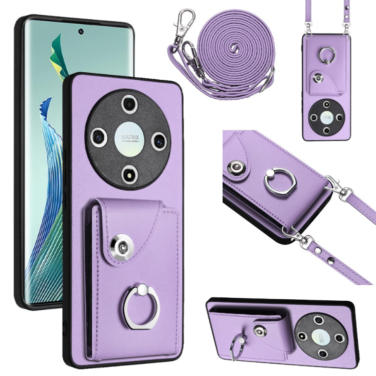 For Honor X9b / Magic6 Lite Organ Card Bag Ring Holder Phone Case with Long Lanyard(Purple)