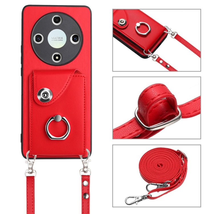 For Honor X9b / Magic6 Lite Organ Card Bag Ring Holder Phone Case with Long Lanyard(Red)