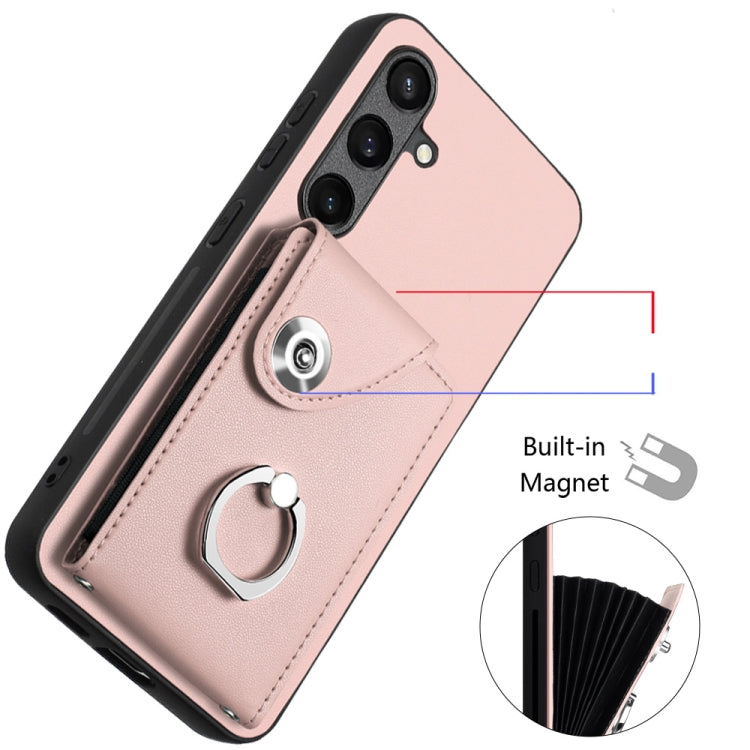For Samsung Galaxy S24 5G Organ Card Bag Ring Holder Phone Case with Long Lanyard(Pink)